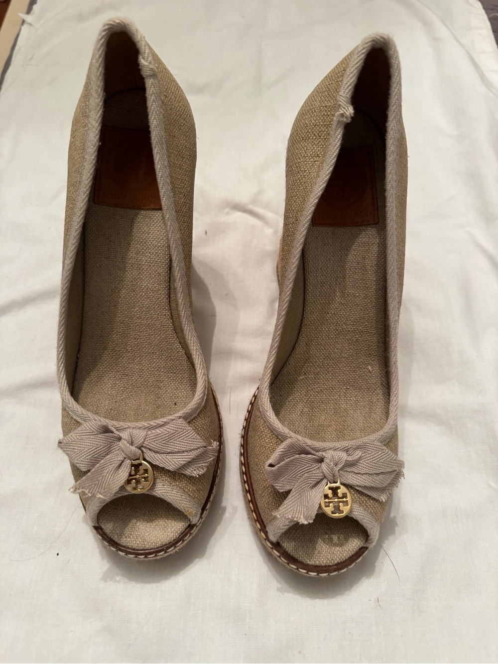 Tory Burch Women's Beige Espadrille Peep-Toe Wedges